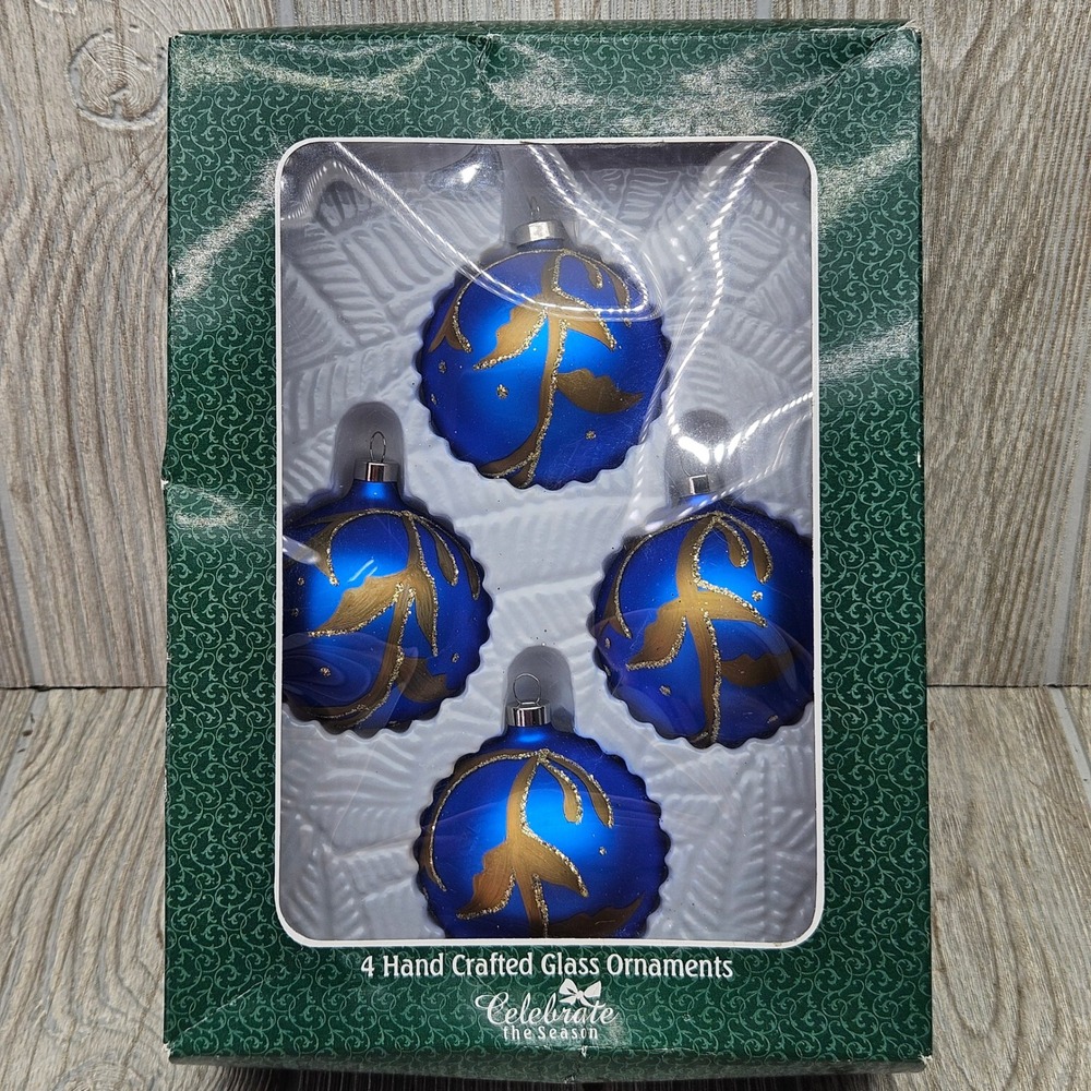 Celebrate the Season 4 Hand Crafted Glass Ornaments Blue Gold Sears 91531